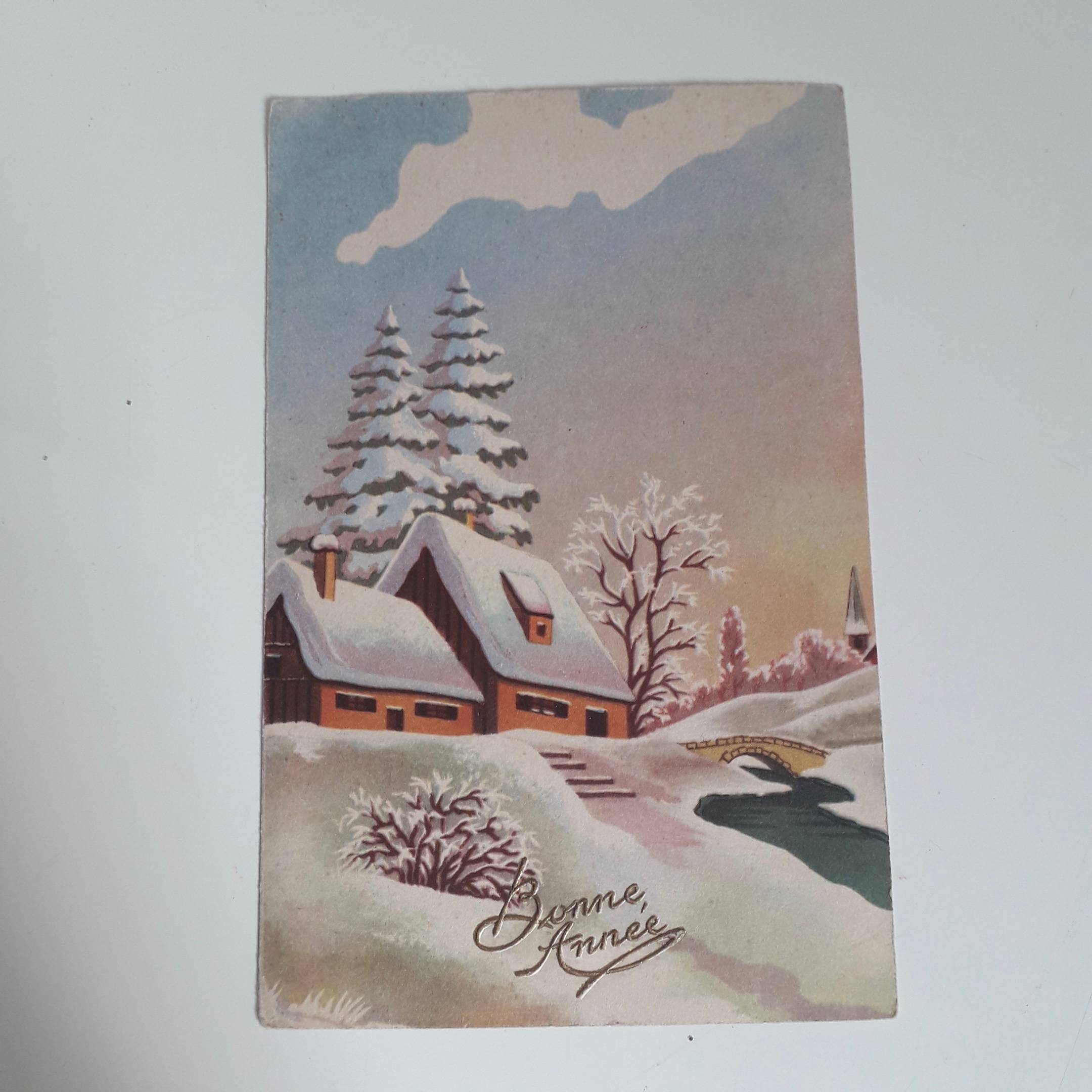 Carte de voeux ancienne Bonne année, paysage de neige - Début de Série