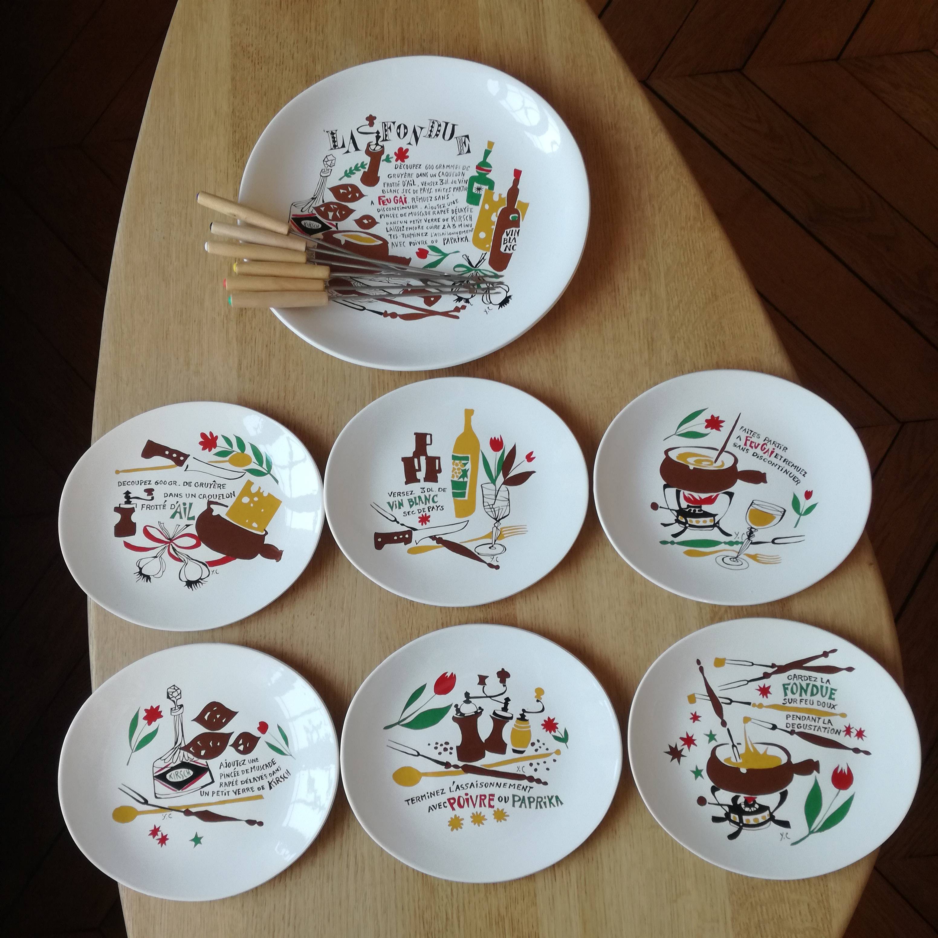 5 assiettes à fondue + 6 fourchettes dépareillées – La Benne Idée