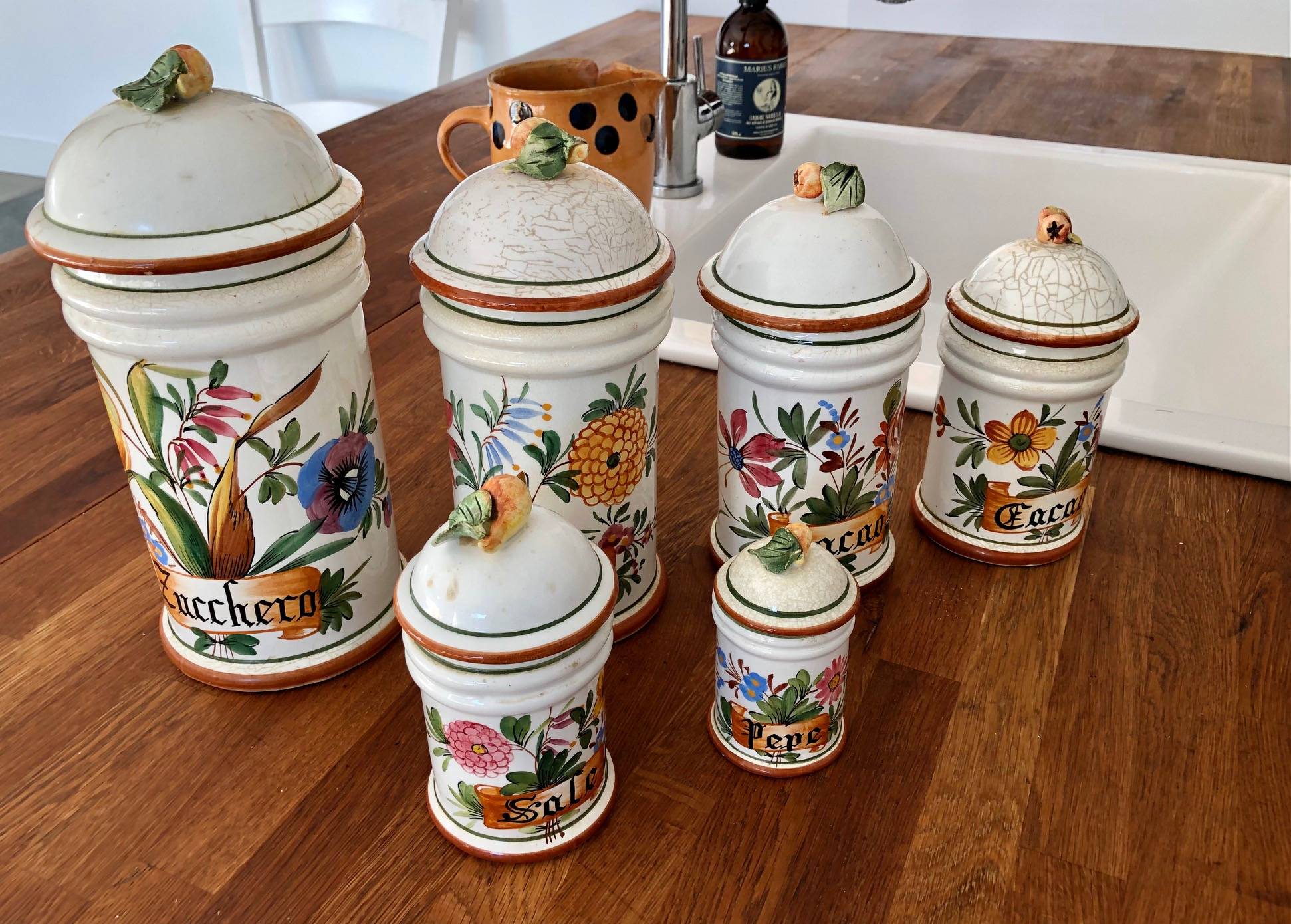 Série de 5 anciens pots à épices en céramique-pots de cuisine